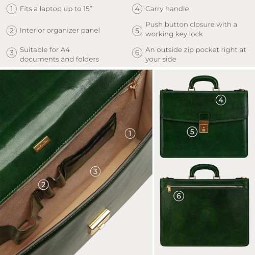 Time Resistance Leather Briefcase - Italian Handmade Leather Laptop Bag - Handbag for Men - Professional Computer Case - color: Green