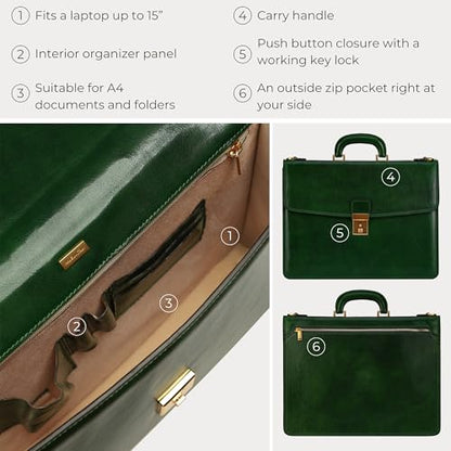 Time Resistance Leather Briefcase - Italian Handmade Leather Laptop Bag - Handbag for Men - Professional Computer Case - color: Green