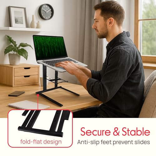 Pyle Portable Folding Laptop Stand - Foldable Laptop Stand with Adjustable Height, Secondary Accessory Tray for iPad, Tablet, DJ Mixer, Workstation, Gaming, Home Use and Carrying Bag Included