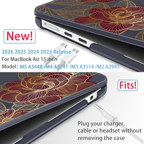 Mektron for 2026/2025/2024/2023 MacBook Air 15 INCH M5 A3448 /M4 A3241 /M3 A3114 /M2 A2941 Case, Printed Plastic Hard Shell Cover with 15.3" Liquid Retina Display Touch ID, Golden Rose - color: Golden Rose