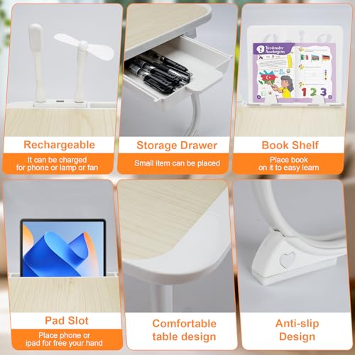 Laptop Desk for Bed, Adjustable Height Laptop Bed Table, Foldable Lap Desk with USB Charge Port, Desktop Card Slot, Side Drawer, Book Shelf, Portable Lap Tray for Eating Reading Working Sofa & Floor