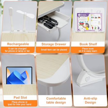 Laptop Desk for Bed, Adjustable Height Laptop Bed Table, Foldable Lap Desk with USB Charge Port, Desktop Card Slot, Side Drawer, Book Shelf, Portable Lap Tray for Eating Reading Working Sofa & Floor