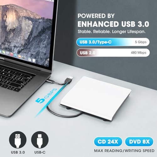 ROOFULL External CD DVD Drive for Mac Laptop USB 3.0 & USB-C | With Carrying Case, Portable CD DVD Burner Reader Writer Player ROM+/-RW Disc Drive for Apple MacBook Windows PC Computer - style: 2 In 1 Drive (White) + Carrying Case