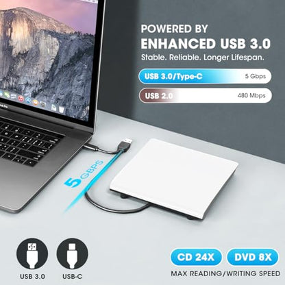 ROOFULL External CD DVD Drive for Mac Laptop USB 3.0 & USB-C | With Carrying Case, Portable CD DVD Burner Reader Writer Player ROM+/-RW Disc Drive for Apple MacBook Windows PC Computer - style: 2 In 1 Drive (White) + Carrying Case