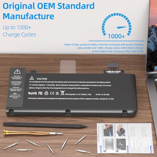 A1278 Battery Replacement, A1322 Battery for MacBook Pro 13 Inch (Mid 2012 2010 2009 Early 2011 Late 2011) Improved Capacity 10.95V 6000mAh 65.5Wh (A1278 A1322 Battery & Tool Set)