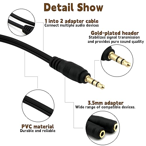 2-Pack Gold Plated 3.5mm Stereo Jack Splitter Cable Adapter Connectors ,3.5mm Male To 2 X Female - for Connecting External Speakers or Use Both Output for Speakers For Ipod, Mp3 Player
