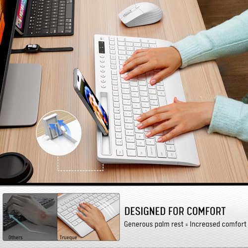 White Wireless Keyboard and Mouse Combo - Full-Size Quiet Keyboards with Palm Rest, Phone Holder, Multimedia Keys, Batteries Included, Office Key Board Compatible with Windows, PC, Laptop - Trueque - color: Snow White