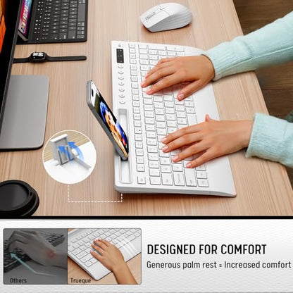 White Wireless Keyboard and Mouse Combo - Full-Size Quiet Keyboards with Palm Rest, Phone Holder, Multimedia Keys, Batteries Included, Office Key Board Compatible with Windows, PC, Laptop - Trueque - color: Snow White