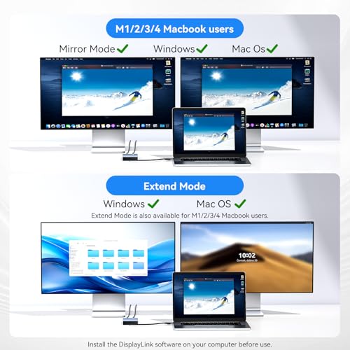 ACASIS USB C to Dual HDMI DisplayLink Adapter for Mac M1/M2/M3/M4/Windows | USB C DisplayLink Docking Station with 2HDMI 4K@60Hz, 3USB-A Ports, 100W PD Charging ,USB A/C to Dual Monitor,Grey - color: Gray