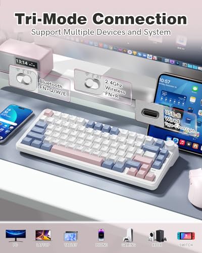 L75 75% Mechanical Keyboard, Wireless Gaming Keyboard with Multifunction Knob, Creamy Gasket Structure, Hot Swap, RGB Backlight, PBT Keycap, Custom Driver, Compact Layout for Win/Mac/PC - color: Pink & Blue