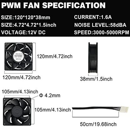 2-Pack 120mmx38mm 4.72" DC Dual Ball 4Pin PWM PC Cooling Fan 3000-5000RPM | Powerful Airflow 175CFM 4.72in PWM Brushless Exhaust Fan for CPU Coolers, Industrial Cooling, Greenhouse & Attic Ventilation - size: 120x38mm