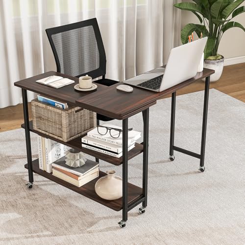 Giantex 360° Free Rotating Sofa Side Table, Mobile L-Shaped Laptop Desk with Sturdy Metal Frame, 6 Universal Casters, Movable Couch Snack Table with 2-Tier Storage Shelf for Home (Walnut) - color: Walnut