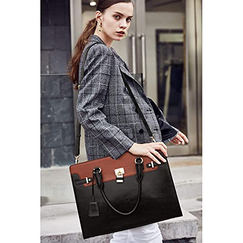 BOSTANTEN Briefcase for Women 15.6 inch Leather Laptop Bag Vintage Slim Lawyer Business Bag Stylish Work Purse - color: B-black&brown