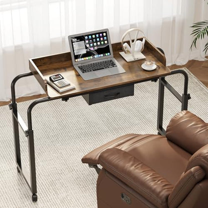 GiftGo Over Bed Table with Wheels, Recliner Table Bed Desk, Adjustable Height and Length Laptop Table with Storage Drawer Metal Leg for Bedroom Home Office Hospital (Rustic Brown, 39.3" to 55.1") - color: Rustic Brown