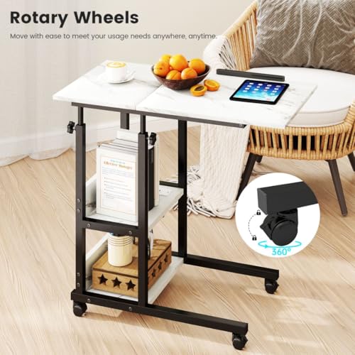 Hadulcet Adjustable C Table with Charging Station, Tiltable Desk C Shaped End Table for Couch, Over Bed Table with Wheels Adjustable Height, Hospital Table Laptop Stand Drawing Desk, Marble White - color: Marble White, style: Upgrade