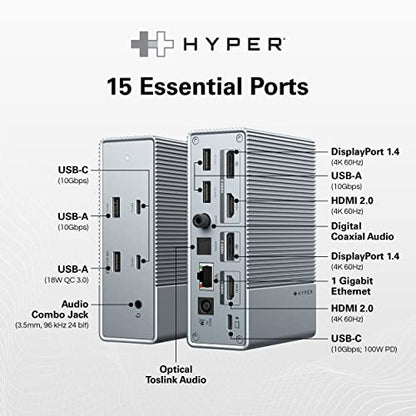 HyperDrive USB-C & Thunderbolt 4 GEN2 15-in-1 Docking Station for MacBook, iPad, PC - HDMI or DP, Up to 3 Extended Displays, High-Speed USB Data Transfer - style: 15-in-1