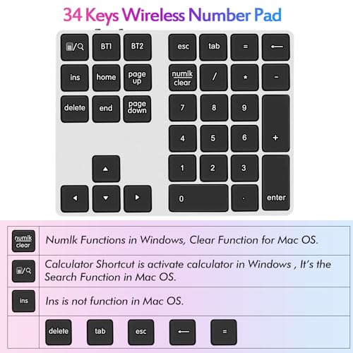 Foloda Bluetooth Number Keypad, Wireless 10 Keys Number Pad for Laptop, 34 Keys Rechargeable Numeric Numpad Key Pad Extensions Keyboard for Chromebook Notebook MacBook - color: Silver Grey