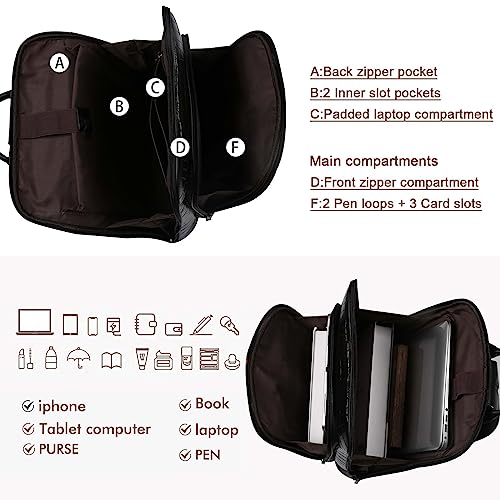 Leather Laptop Backpack, Women and Men Backpack Travel Business Work College Water Resistant Anti Theft Daypack Large fits for 15.6 inch Notebook Computer bag, Black… - color: 2302-black