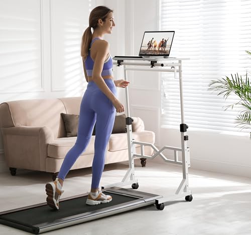 Oransail Small Standing Desk with Wheels, 29.5-45.3 Inch Adjustable Height, Portable Treadmill Desk, Rolling Computer Table for Walking Pad with a Cup Holder and a Hook - color: White