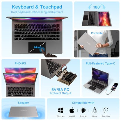 ELECROW 14 Inch Portable Monitor with Keyboard with RPi5 & Jetson Adapters | 1080P Lapdock Display with Built-in Battery Compatible with Raspberry Pi, PC, Phone, Mac, Game Console