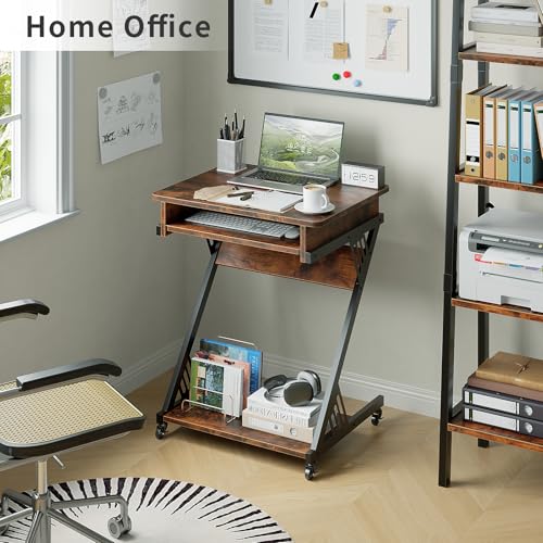 ALISENED Computer Desk for Small Spaces Compact Desk with Keyboard Tray | 23.6" Z-Shaped, with Wheels and Bottom Shelves, for Home Office, Computer Cart Mobile Laptop Cart, Rustic Brown - color: Brown