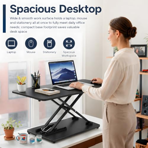 Height Adjustable Standing Desk Converter, 25.16" x 15.75", Black | Ready to Use Desk Riser for Laptop and Monitor, Sit Stand Workstation for Office, Bedroom and Living Room