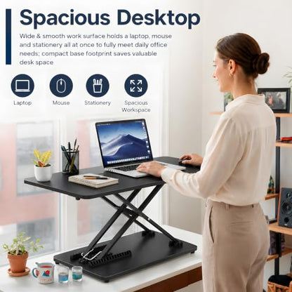 Height Adjustable Standing Desk Converter, 25.16" x 15.75", Black | Ready to Use Desk Riser for Laptop and Monitor, Sit Stand Workstation for Office, Bedroom and Living Room