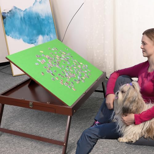 Solid Wood Puzzle Table with Tilt Adjustable Desktop, Portable Jigsaw Puzzle Board with Drawers, Non-Slip Felt Surface, Puzzle Table with Legs (Red-Brown) - color: Red-brown