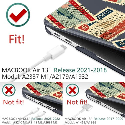 DONGKE for MacBook Air 13 Inch Case 2021-2018, Compatible with A2337 M1 A2179 A1932 Support Retina Display & Touch ID, Hard Shell Plastic Cover with Keyboard Skin - Classic Stamps - color: Classic Stamps