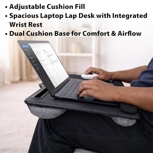 Cyberguys Comfort Lap Desk for Laptop up to 15.6 in – Black Carbon Fiber Overlay Surface with Mouse Pad, Phone & Tablet Slot, Dual Cushion Base, Wrist Rest & Carry Handle for Bed Desk Couch Sofa - color: Black With Carbon Fiber Overlay