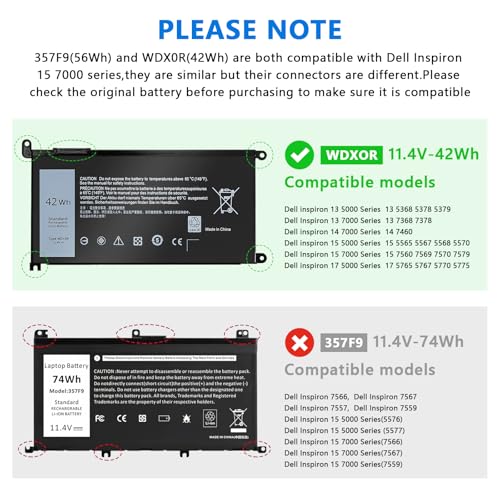 WDX0R Laptop Battery Compatible with Dell inspiron 13 14 15 7000 5000 Series 5379 5567 5570 5579 7378 7573 7579 Latitude 3500 3400 3340 3580 3590 3480 3490 3189 P69G P58F 3CRH3 42Wh 11.4V - size: WDX0R for Dell