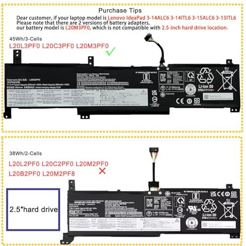 L20M3PF0 Laptop Battery Replace for Lenovo IdeaPad 3-14ITL6 3-15ITL6 3-17ITL6 / S14 V14 V15 V17 G2-ITL G3-IAP / K14 Series L20C3PF0 L20L3PF0 - size: 13.43*4.41*1.34 inches L20M3PF0