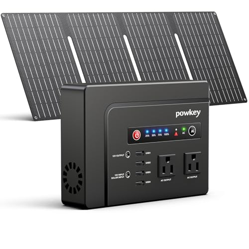powkey Solar Powered Generator, 200W Portable Power Station with Solar Panels 40W, 146Wh Power Bank with 2 AC Outlet 110V Pure Sine Wave for Outdoor Camping Emergency Home - color: Black+Grey