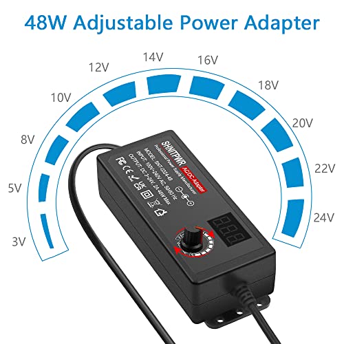 SHNITPWR Universal AC to DC Adapter 3V ~ 24V 2A 48W Switching Power Supply | 100V-240V AC to DC Converter,Variable DC Power Supply with 14 Tips/Polarity Reversal Cable for 12V 24V LED Lights Strip