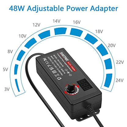 SHNITPWR Universal AC to DC Adapter 3V ~ 24V 2A 48W Switching Power Supply | 100V-240V AC to DC Converter,Variable DC Power Supply with 14 Tips/Polarity Reversal Cable for 12V 24V LED Lights Strip