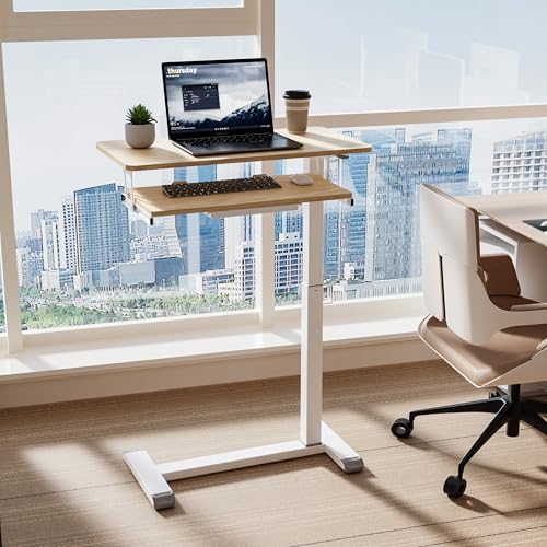 ETHU Overbed Table with Wheels, Medical Table with Drawer, Hospital Bed Table, Workstation Desk, Adjustable Overbed Bedside Rolling Laptop Desk, Oak - color: Oak