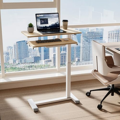 ETHU Overbed Table with Wheels, Medical Table with Drawer, Hospital Bed Table, Workstation Desk, Adjustable Overbed Bedside Rolling Laptop Desk, Oak - color: Oak