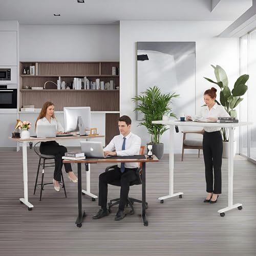 farexon Electric Standing Desk Adjustable Height, 71 x 28 Inch Sit Stand up Desk with Large Mouse Pad, Double Metal Hook,4 Wheels,4 Memory Preset Heights Home Office Computer Desk（Brown） - color: Brown, size: 71 x 28''