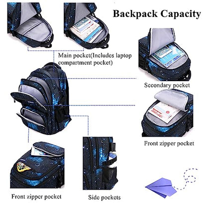 Mildame Galaxy Print Rolling Backpack for School Boys Girls with Lunch Bag Teens Bookbag with Wheels Kids Trolley Bag Set, Six Wheels - color: Blue Space Set-6 Wheels
