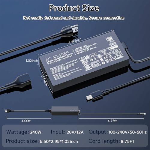240W 20V 12A Charger Fit for ASUS Laptop ROG Zephyrus G16 G14 AC Adapter | GA605 GU605 GA403 Flow Z13 GZ302 TUF A14 A16 A18 FA401 Gaming V16 V3607 ProArt P16 PX13 Power Supply Cord | Rectangle Conn