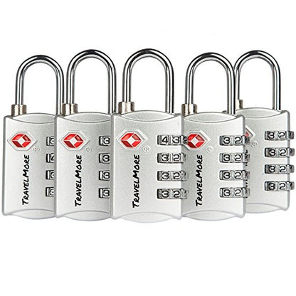 5 Pack TSA Luggage Locks with 4 Digit Combination – Heavy Duty Set Your Own Padlocks for Travel, Baggage, Suitcases & Backpacks - Silver - color: Silver, size: 5 Pack