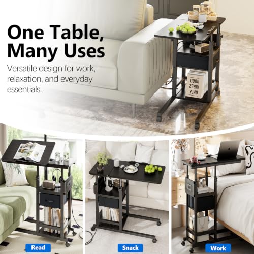 DAPOTUG Adjustable Overbed Bedside Table with Wheels, Charging Station | Tilting Top, Adjustable Side Table, 2-Tier Storage with Drawer, Over Bed Table, C-Shaped End Table for Beds, Couch - color: Black