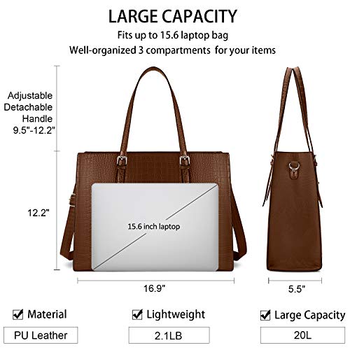 Laptop Bag for Women 15.6 Inch Crocodile Leather Tote Bag Water-resistant Work Briefcase Business Computer Shoulder Bag for Travel Teacher Nurse Professional Handbag - color: Coffee