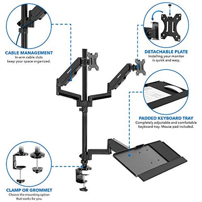 Mount-It! Dual Monitor Arm Desk Mount Sit-Stand Workstation with Keyboard Tray, Height Adjustable Gas Spring, Fits Two 17–32” Screens, 17.6 lbs Each, VESA 75x75 100x100, Clamp or Grommet (Black)