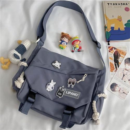 Aesthetic Crossbody Bag with Cute Pins and Ornament, Nylon Shoulder Messenger Bag Japanese Kawaii Bag for Women Men - color: L-blue-fit Laptop
