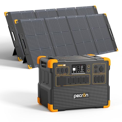 PECRON Solar Generator E3600LFP 3072Wh with 2x300W Solar Panels, 5x3600W AC Outlets Portable Power Station, LiFePO4 Battery Backup Expanded to 18.43kWh, Power Station for Home Use, RV, Camping, CPAP - style: E3600LFP+2x300W