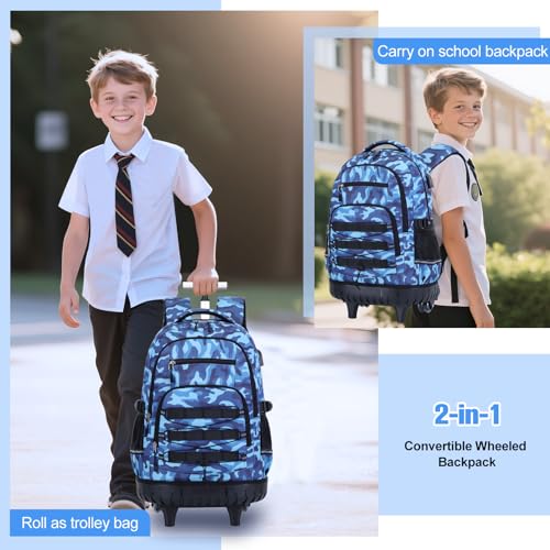 ACESAK Camo Rolling Backpack Boys, Tactical Kids Backpack Boys, Kids Suitcase for Boy Teens Elementary Middle High School, Military Backpack with Wheels and Lunch Bag Pencil Case Set (Camo Blue) - color: Camo Blue