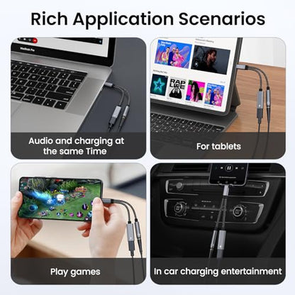 Samsung Galaxy S26 Headphone Adapter, USB C to AUX Mic Jack with PD 60W Fast Charging for Stereo, Earphones, Compatible with Samsung Galaxy S26/S26+/S26 Ultra/S25/S25+, Google Pixel 10/9 - color: Gray