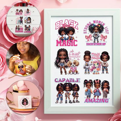 Rngmsi UV DTF Cup Wrap - 16 Sheets Black Girl UV DTF Cup Wraps for 16 oz Glass, Inspirational Quote Uvdtf Stickers for Water Botters, Cute Dog Bow Waterproof Rub on Transfer Decals, DIY Crafts - style: Black Girl