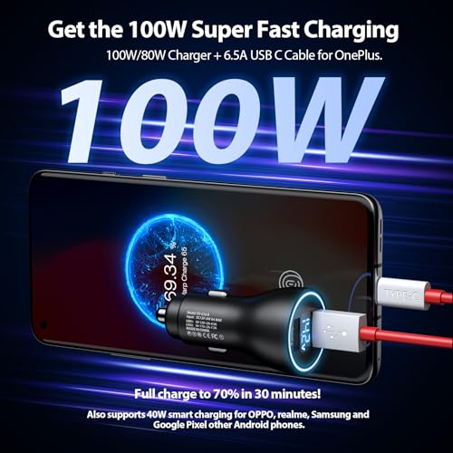 Car Charger for SuperVooc 100W 80W for OnePlus 13 15 13R 12R 12 11 | 65W Charger for OnePlus 10 Nord N30 N100 Open Pad 9 Pro 8 7T 6T 6 LED Display Dual USB Car Charge Adapter 3.3FT Fast Cable